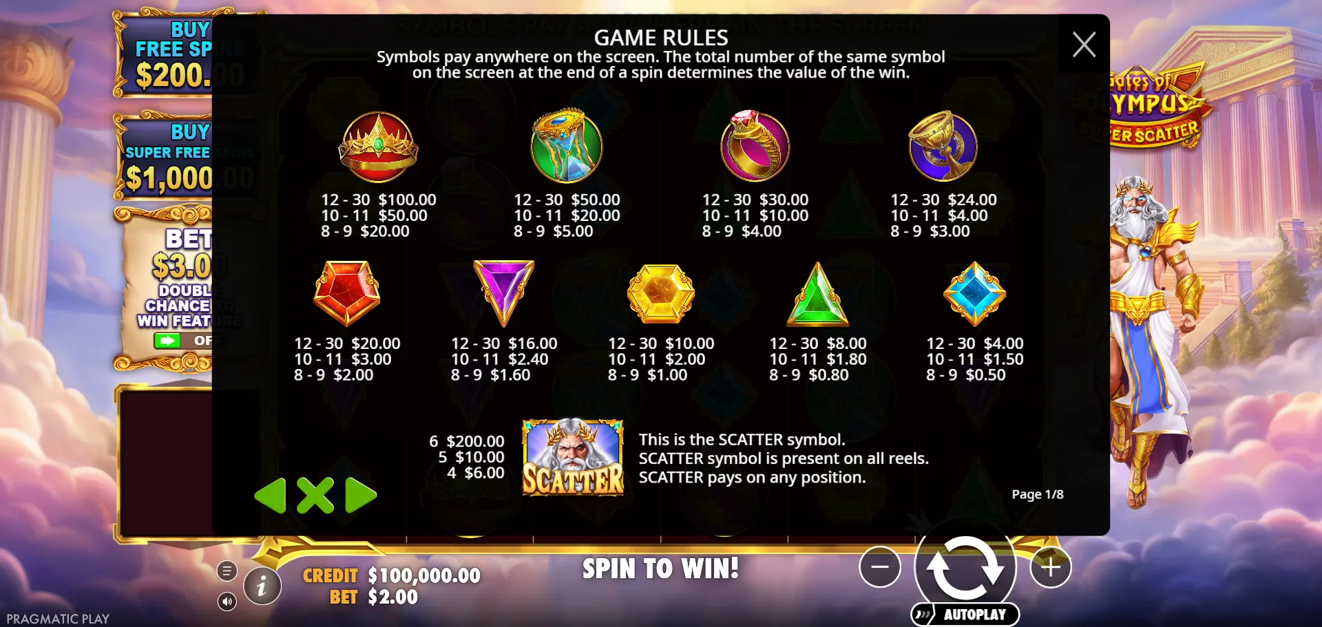 Gates of Olympus Super Scatter PAYTABLE - premium and lower symbol pay values for 8-9, 10-11, and 12-30 matching symbols at $2.00 bet