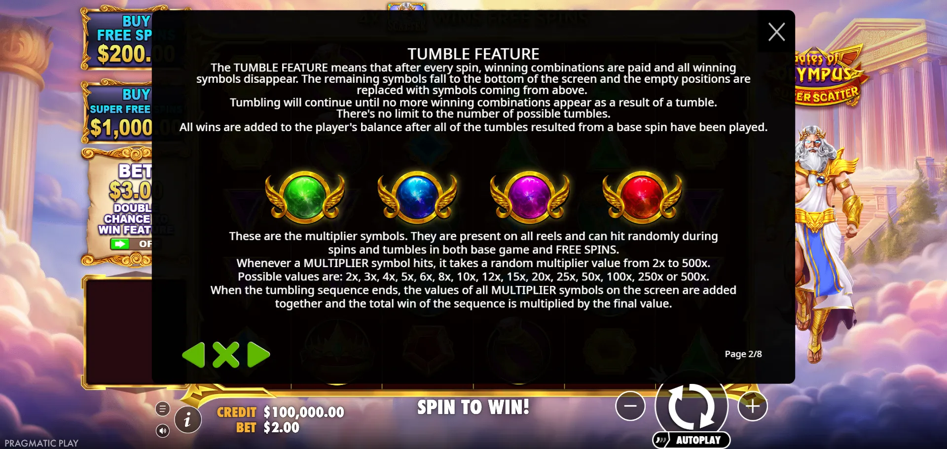 Gates of Olympus Super Scatter TUMBLE FEATURE - multiplier orb symbols appearing on the grid; values range from 2x to 500x, combining per tumble sequence in base game or accumulating across the full free spins round