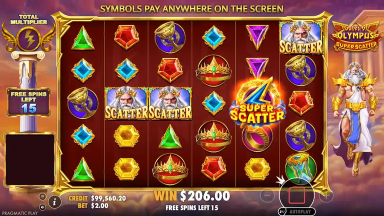 Mid-session free spins active showing SCATTER and SUPER SCATTER symbols, balance $99,560.20, WIN $206.00 displayed, FREE SPINS LEFT 15